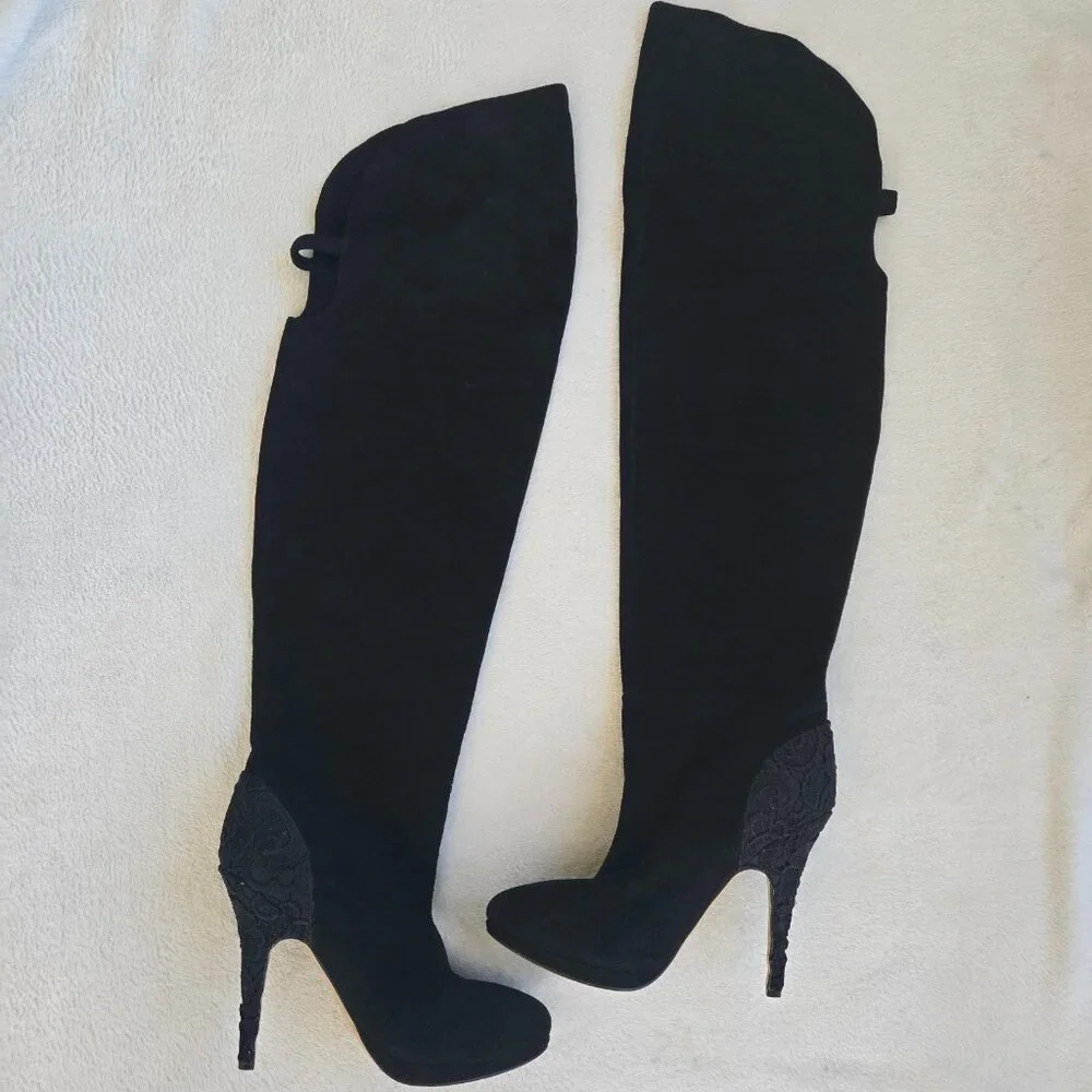 Betsey Johnson Over The Knee Leather Suede High Heel Boots Black Size 8 1/2